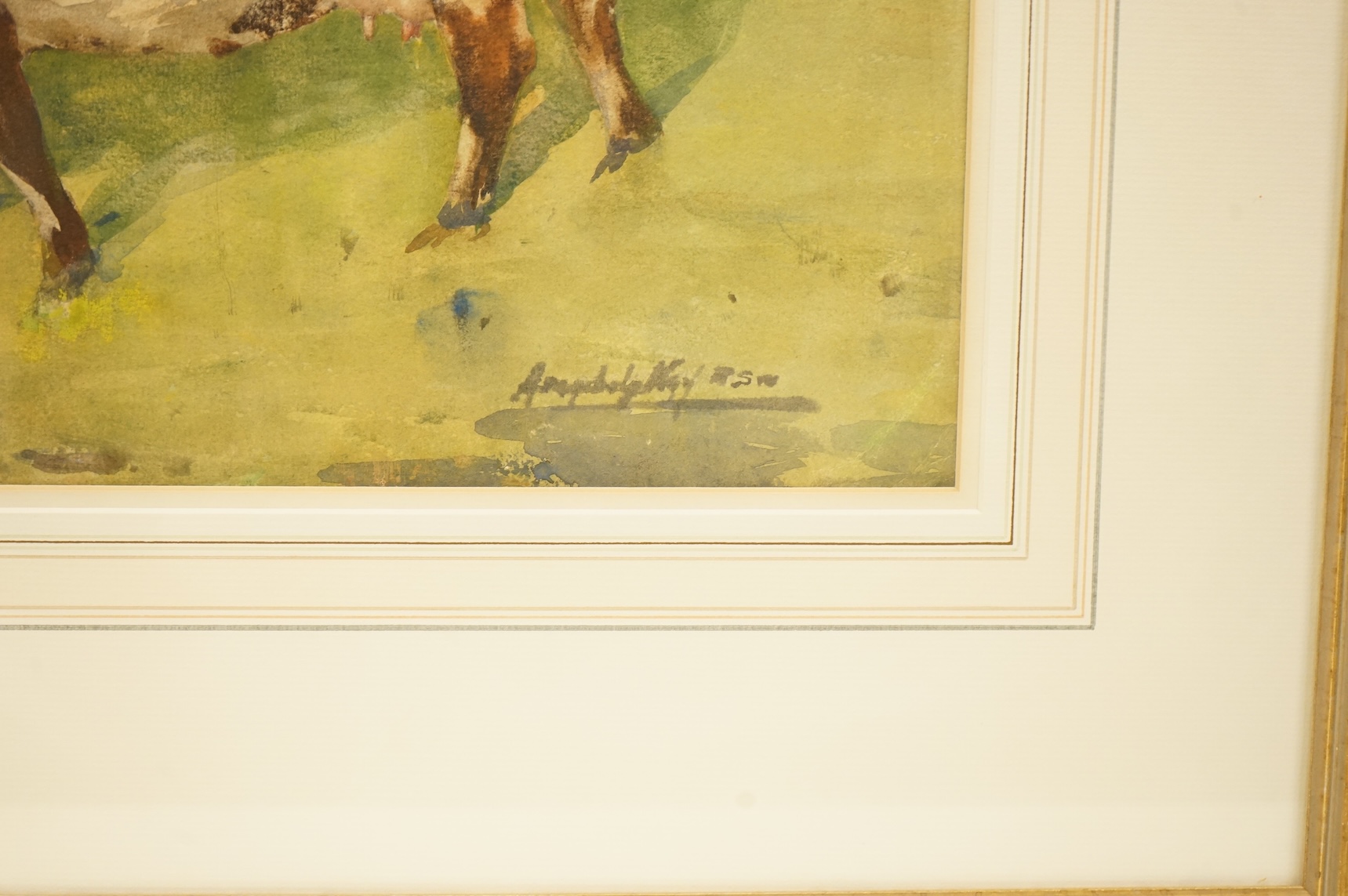 20th century, English School, Study of two cows in pastureland, indistinctly signed, pastel and mixed media, 36 x 56cm